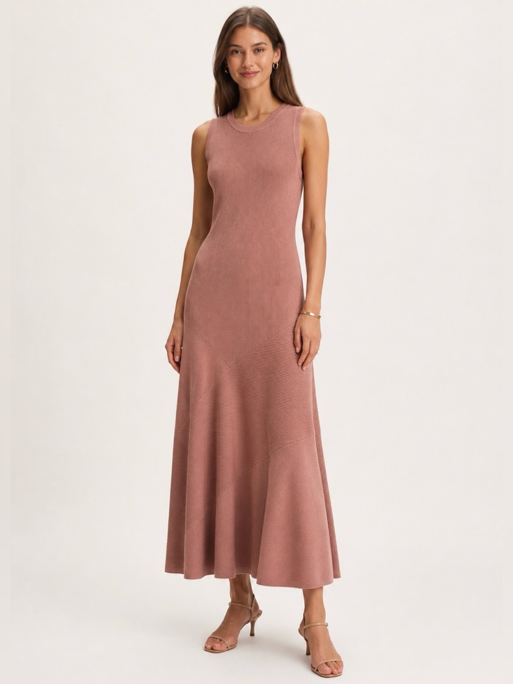 12 STOREEZ Dusty Rose Sleeveless Ribbed Knit Maxi Dress XS Soft Flare Hem